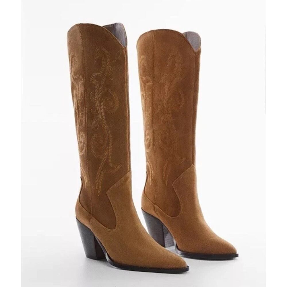 Mango Woman's Leather Suede Cowboy Western Boots Embroidery Camel sz 42EU/12US